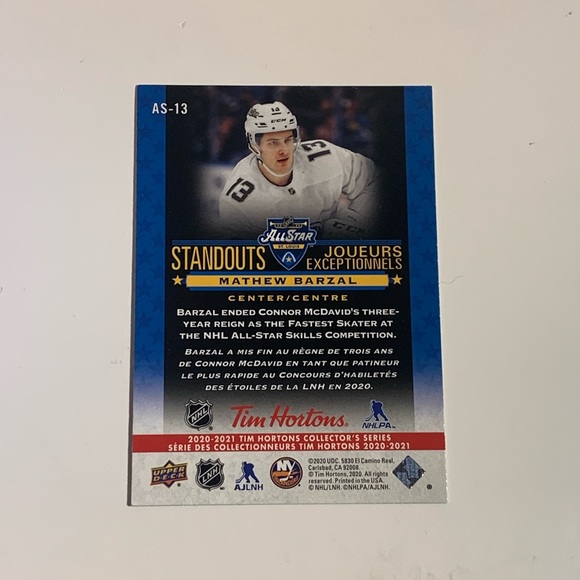 🏒 [5/$10] 2020-21 UPPER DECK TIM HORTONS ALL-STAR STANDOUTS #AS-13 MATHEW BARZAL - Picture 2 of 2
